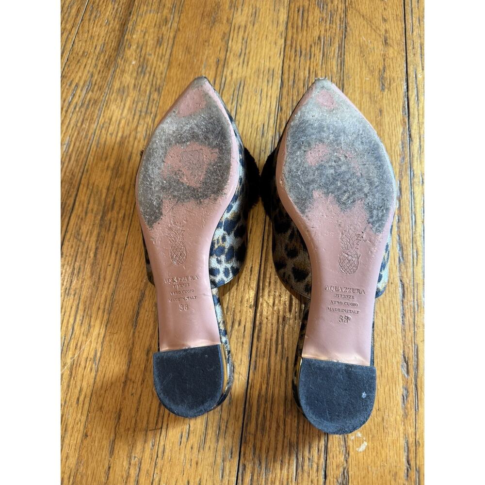 Aquazzura Mules Pointed Toe Slip-On Flat Gold Size 7.5 Women Powder Puff Pom Pom - Picture 10 of 12